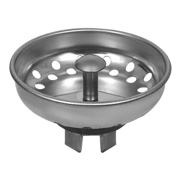 A brass sink basket strainer with holes in it.