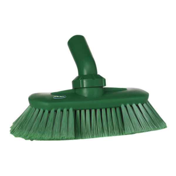 A green Vikan water fed washing brush head with a long handle.