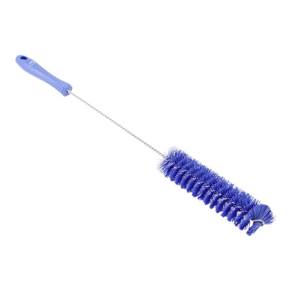 A purple brush with a long handle.