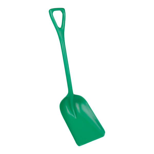 A green Remco polypropylene shovel with a long handle.