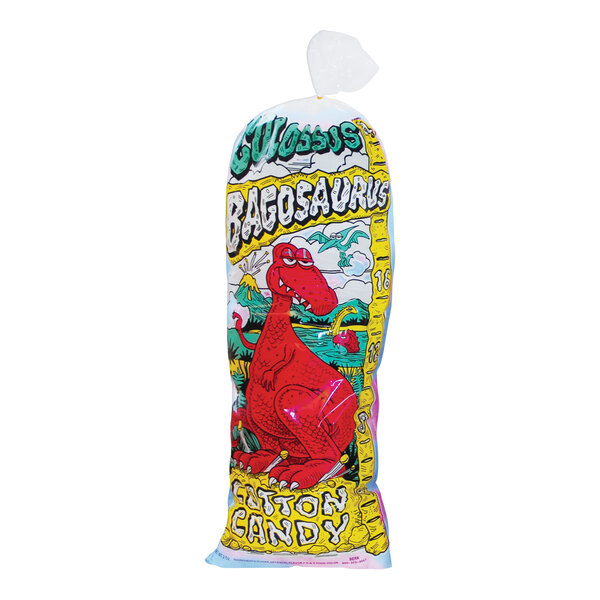 A white plastic bag of cotton candy with a red dinosaur design and the words "Colossus Bagosaurus"