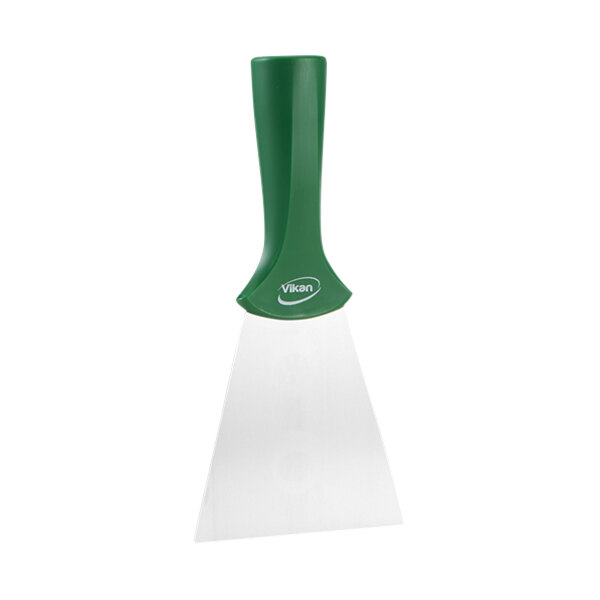 A Vikan stainless steel scraper with a green handle.