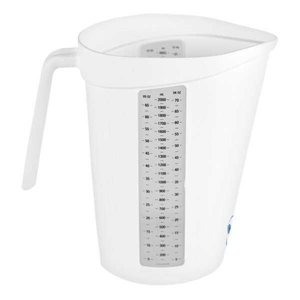 A white plastic measuring jug with a handle.