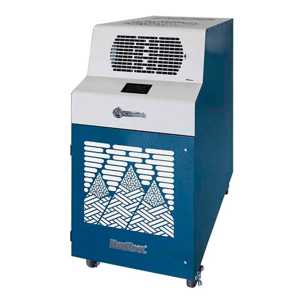 A blue and white Kwikool Iceberg Series portable air conditioner with a metal vent.