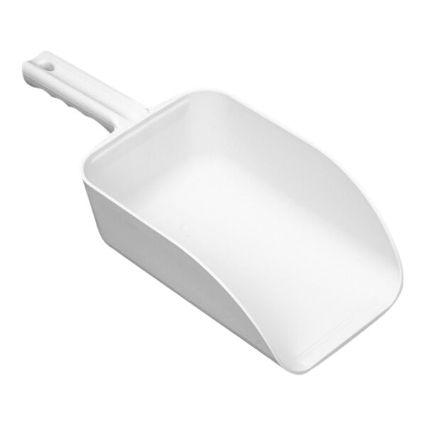 A white plastic Remco hand scoop with a handle.