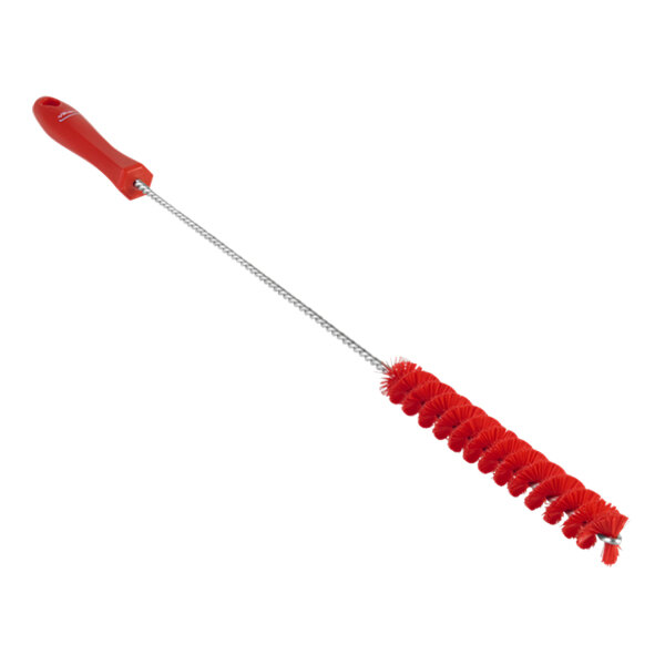 A red Vikan tube brush with a long handle.
