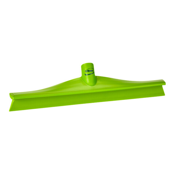 A green Vikan floor squeegee with a plastic frame on a white background.