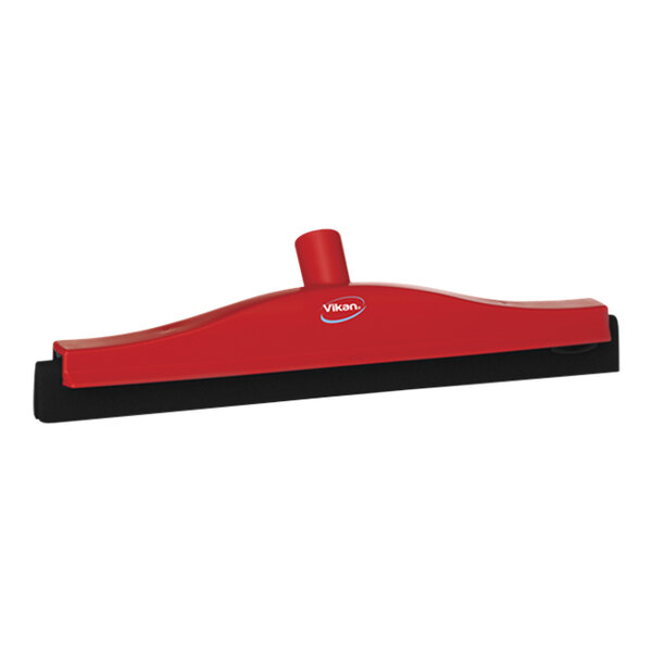 A red and black Vikan floor squeegee with a plastic frame.