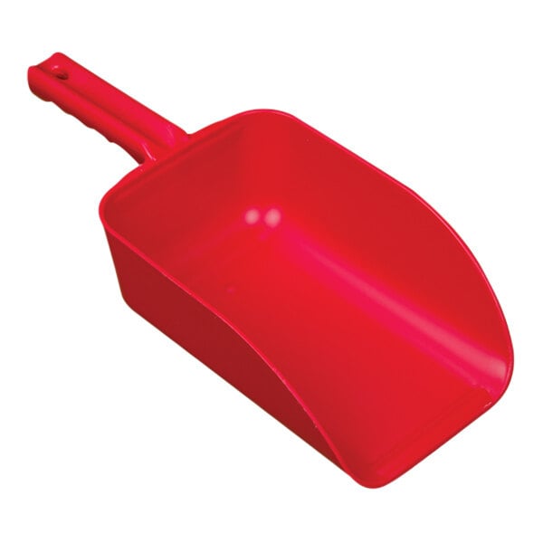 A red plastic scoop with a handle.
