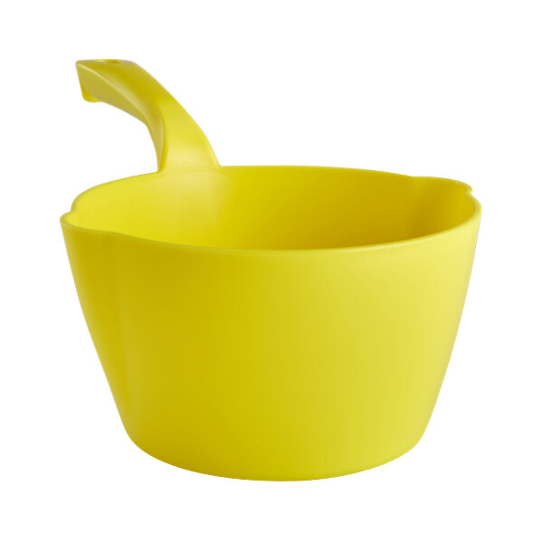 A yellow plastic Vikan round scoop with a handle.