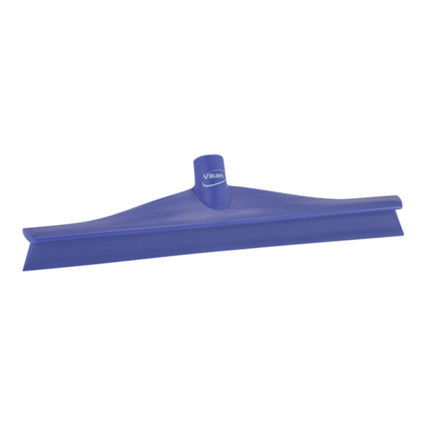 A close-up of a purple Vikan Ultra-Hygienic single blade rubber floor squeegee with a blue plastic frame.