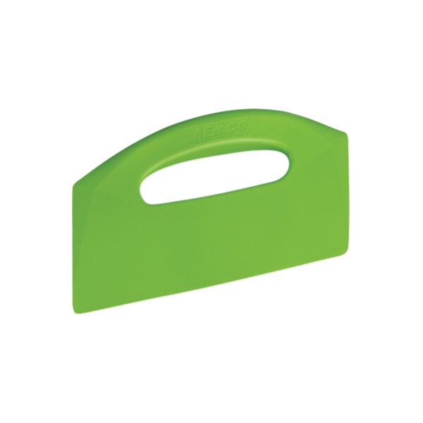 A green plastic Remco bench scraper with a handle.