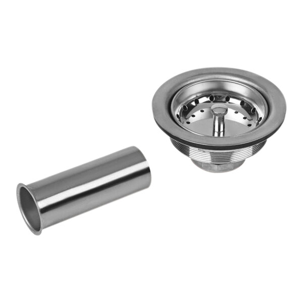 A Dearborn stainless steel sink drain with a chrome-plated metal pipe.