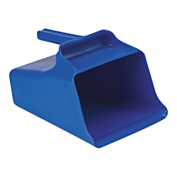 A blue plastic scoop with a handle.