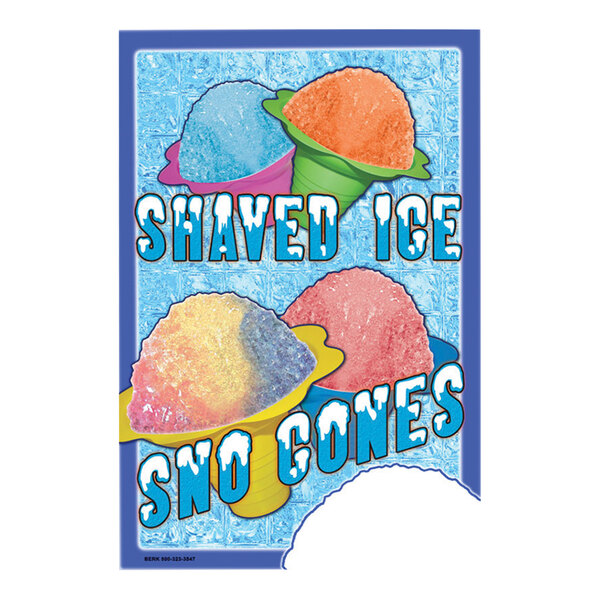A white corrugated plastic A-frame concession sign with a poster of shaved ice cones.