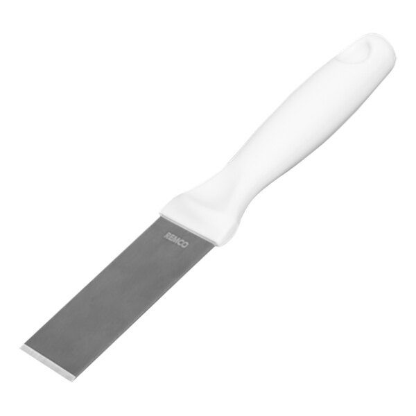 A close-up of a white and grey stainless steel scraper with a white handle.