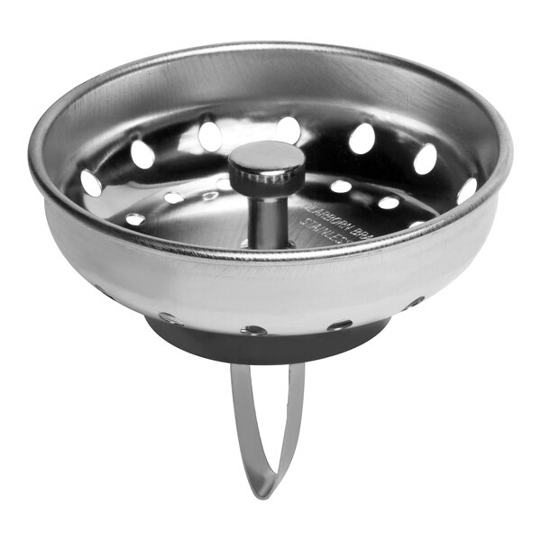 A stainless steel Dearborn sink basket strainer with holes.