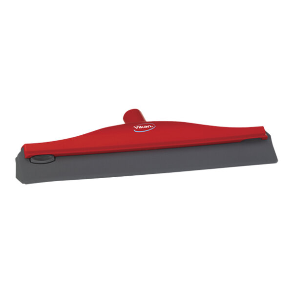 A red Vikan squeegee with a plastic frame.