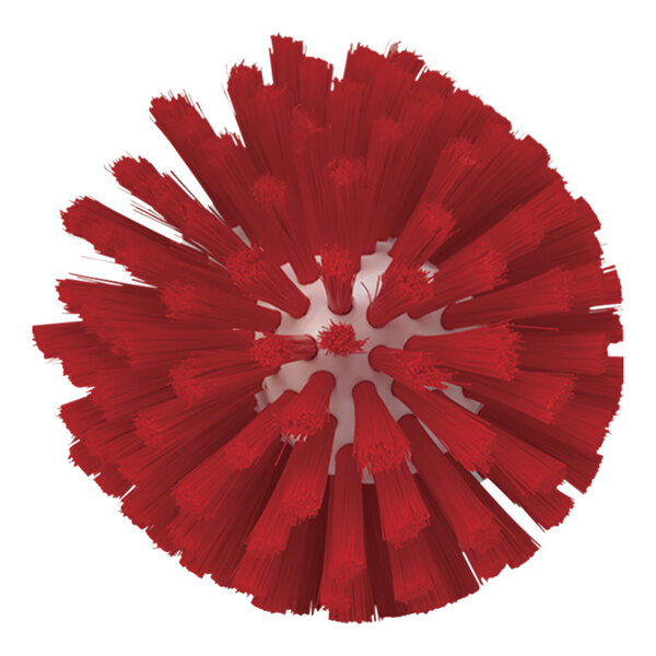 A close-up of a red Vikan meat mincer brush head with bristles.