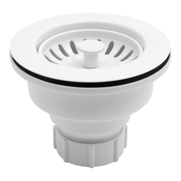 A white Dearborn plastic sink basket strainer with a black rubber ring inside.