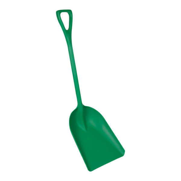 A green Remco polypropylene food service shovel with a long handle.