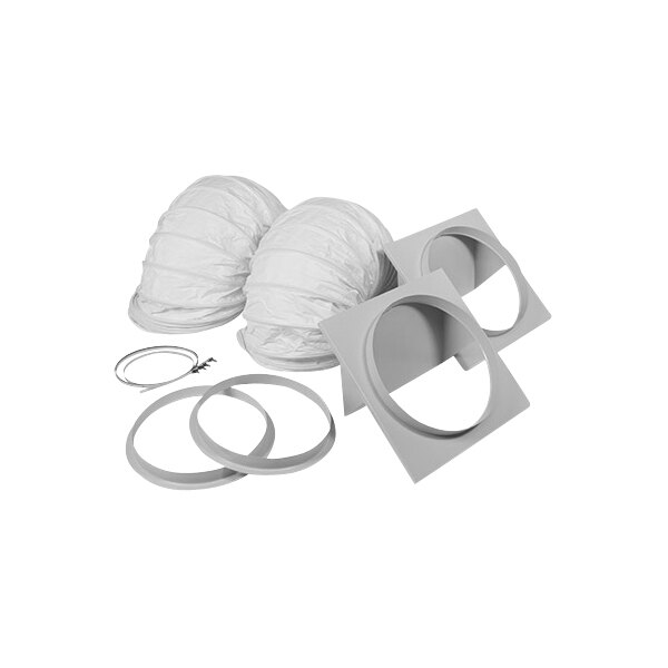 A pair of round white plastic ducts with rubber rings on the ends.