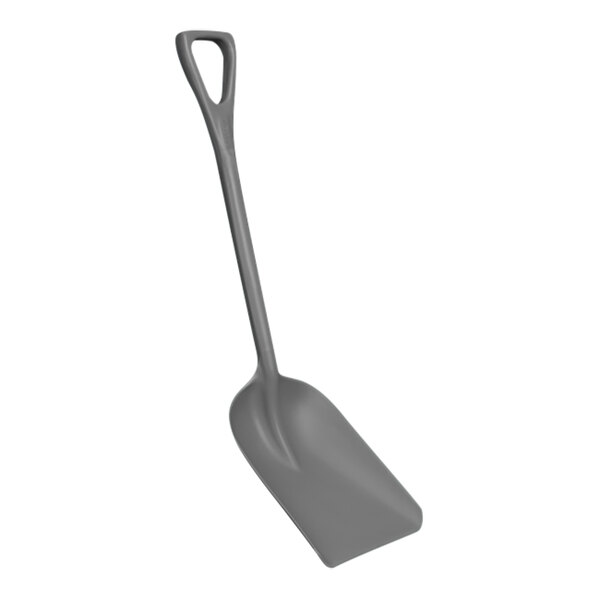 A close-up of a grey Remco polypropylene food service shovel with a handle.
