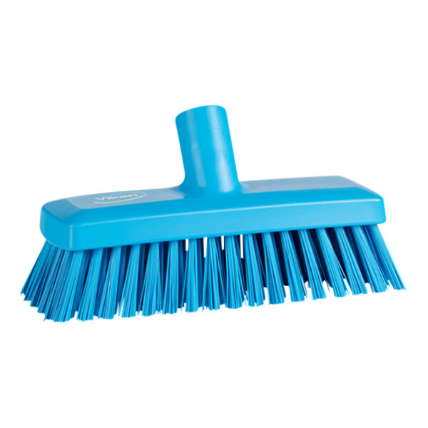 A Vikan blue scrub brush head with stiff bristles.