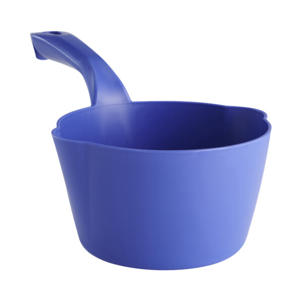 A purple polypropylene round scoop with a handle.