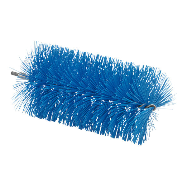 A blue Vikan tube brush head with long bristles.