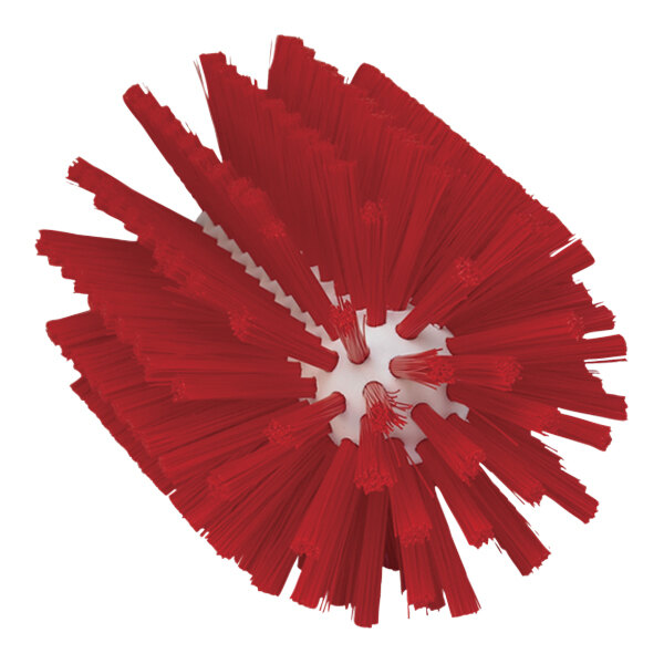 A red Vikan tube brush head with many bristles.