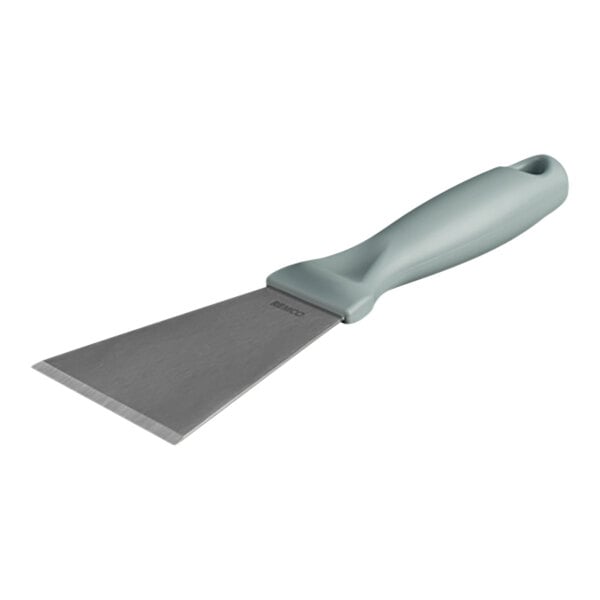 A close up of a Remco stainless steel scraper with a grey handle.