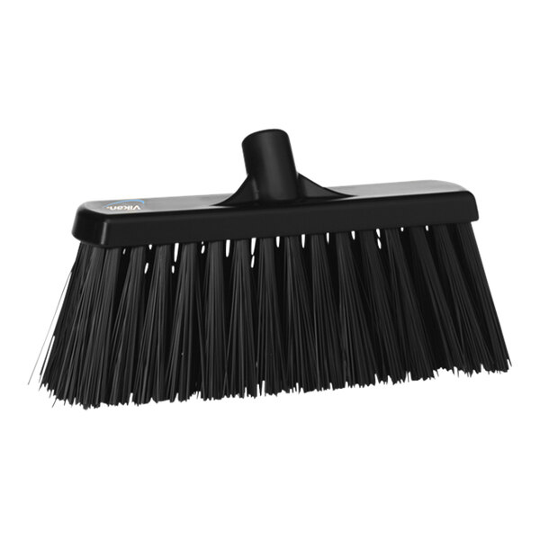 A black Vikan push broom head with long bristles.