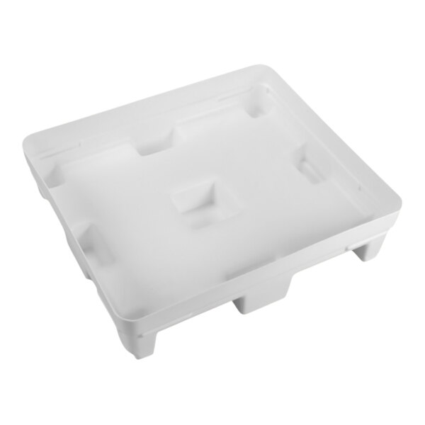 A white plastic Remco pallet with four compartments.
