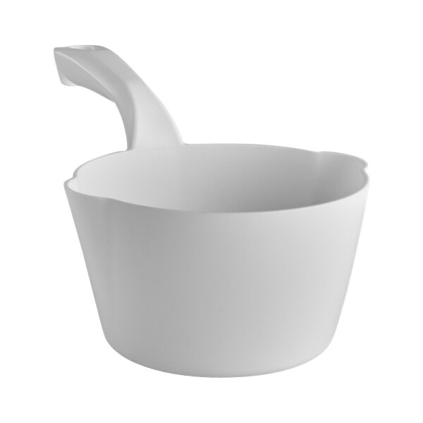 A white plastic round scoop with a handle.