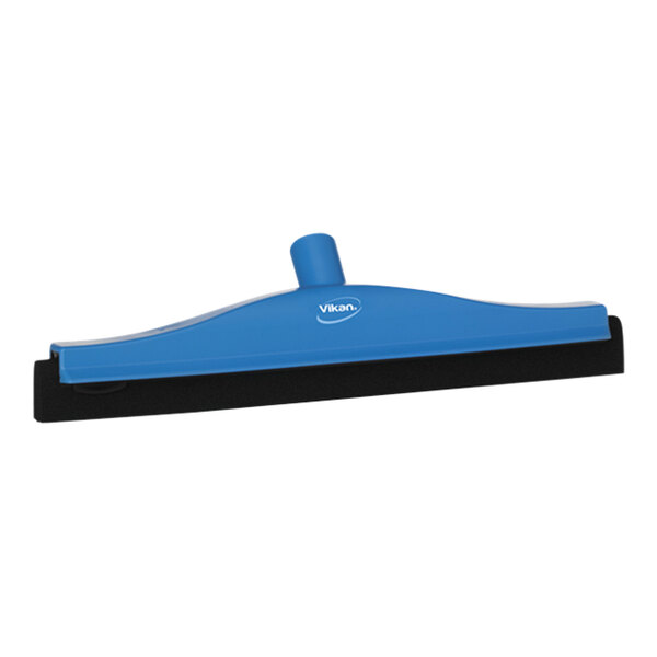 A blue and black Vikan floor squeegee with a plastic frame and double blade.