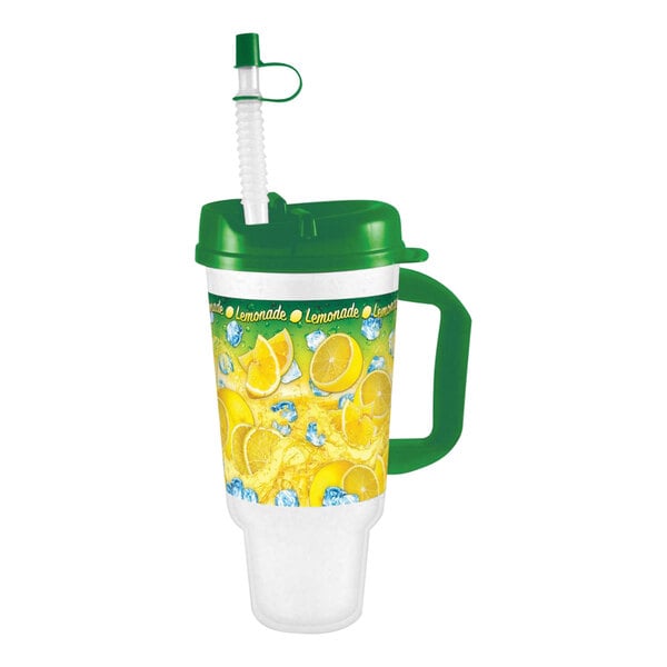 A white plastic lemonade cup with a lemon design and a straw handle.
