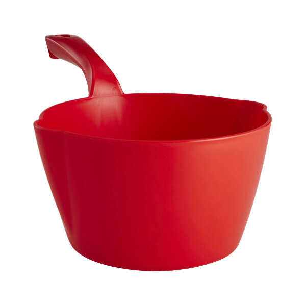 A red plastic round scoop with a handle.