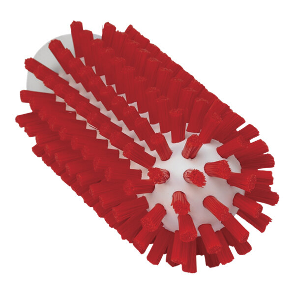 A red and white Vikan stiff polyester tube brush head.