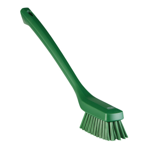 A Vikan green narrow cleaning brush with long handle.