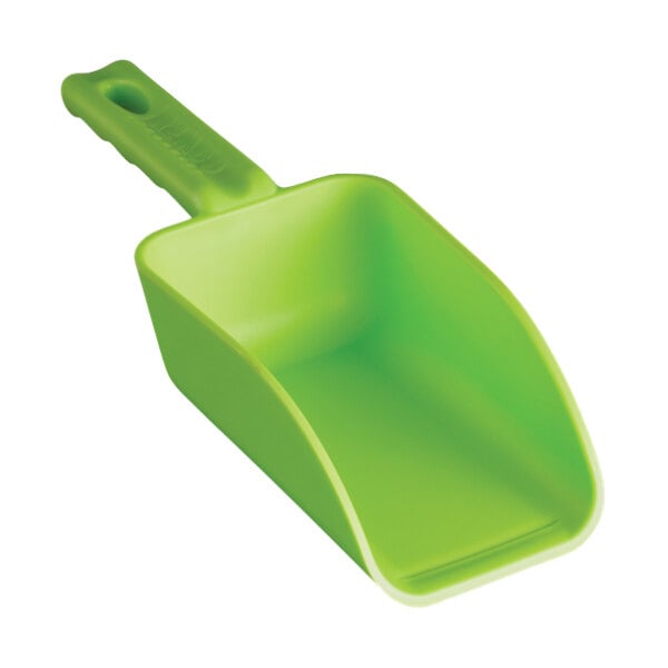 A green Remco polypropylene hand scoop with a handle.