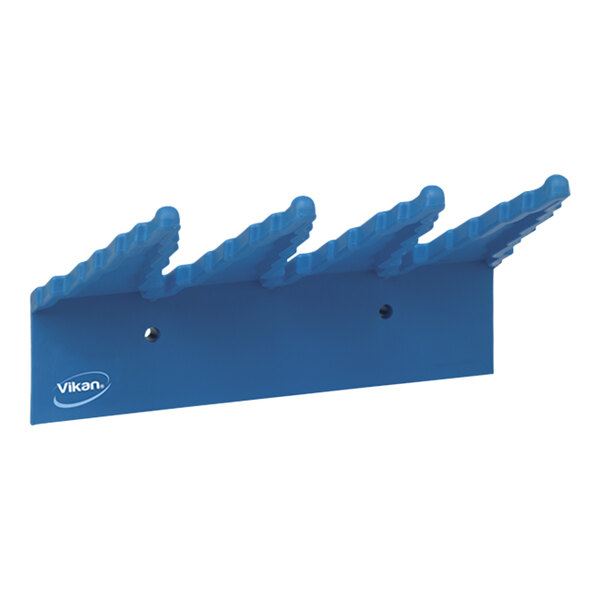 A blue plastic Vikan wall bracket with four holes.
