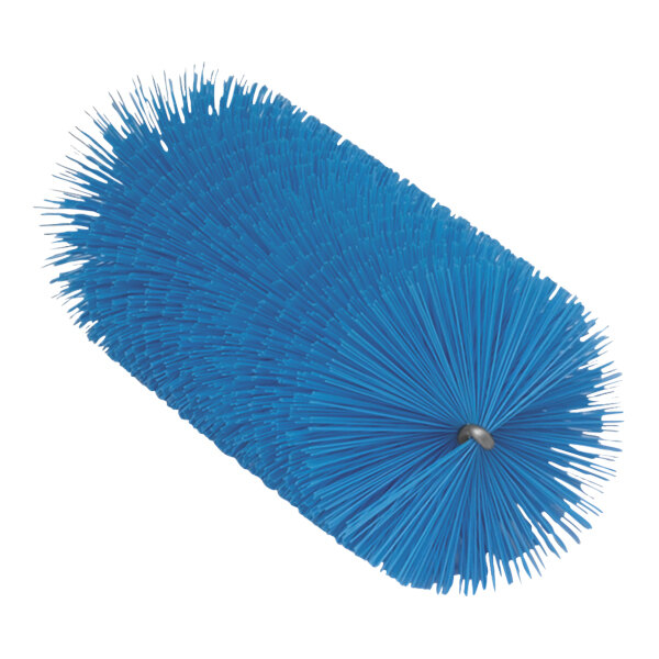 A blue round brush head with long bristles.