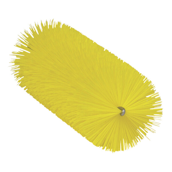 A yellow round Vikan tube brush head with long bristles.