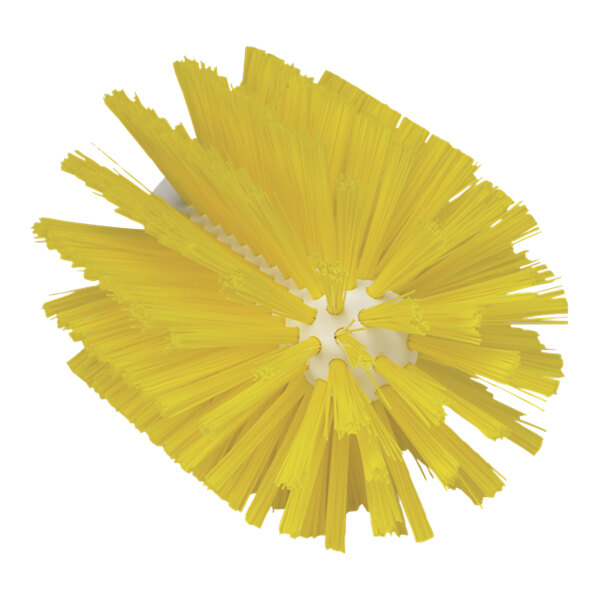 A close-up of a Vikan yellow stiff tube brush head with yellow bristles.