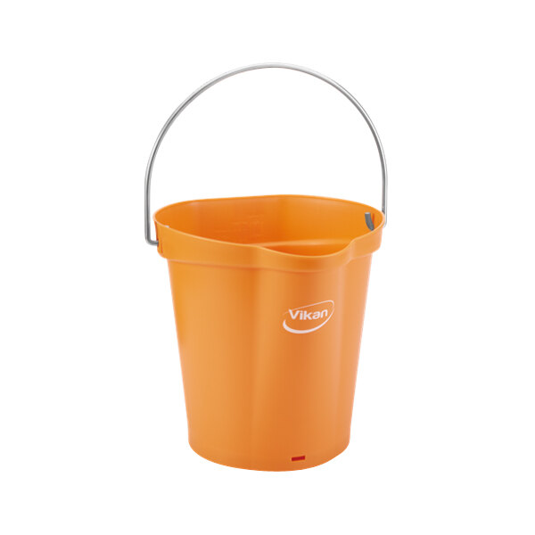 An orange Vikan bucket with a handle.