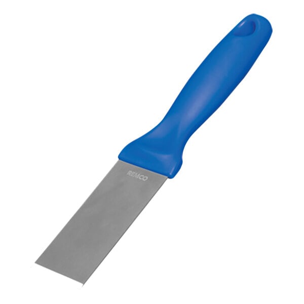 A close-up of a Remco stainless steel scraper with a blue handle.