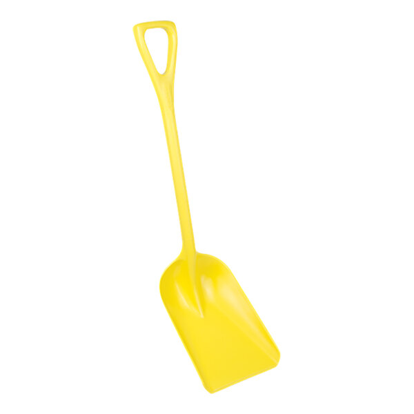 A yellow plastic shovel with a handle.