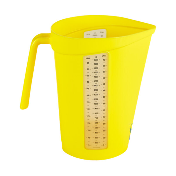 A yellow Vikan measuring jug with a white handle.