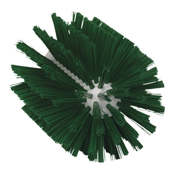 A close-up of a Vikan green stiff tube brush head with many bristles.